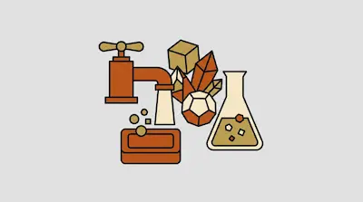 A faucet pouring water onto a bar of soap, surrounded by geometric shapes and a laboratory flask.