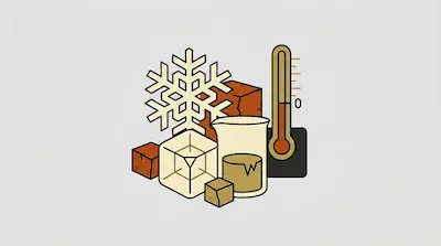 A snowflake, a thermometer, a beaker, and several cubes are grouped together.