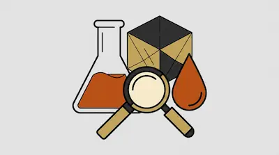 A laboratory flask containing orange liquid, a magnifying glass, a geometric cube, and a single orange drop.