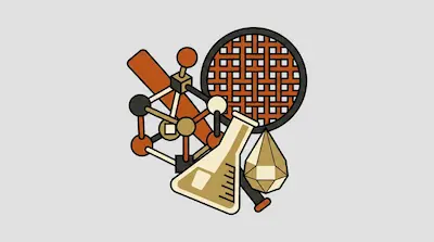 A collection of stylized icons including a molecular model, a beaker, a crystal, a baseball bat, and a circular mesh.