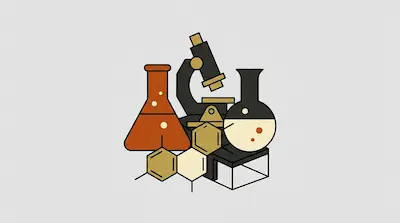 Stylized science equipment including a microscope, flasks, and chemical structures.