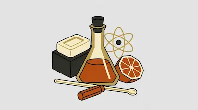 A collection of objects including a flask filled with orange liquid, an atom symbol, a bar of soap, and a sliced orange.