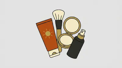 A tube of sunscreen, a makeup brush, an open compact, and a spray bottle.