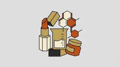 A collection of cosmetic products and laboratory equipment, including a lipstick, a beaker, and chemical structures.