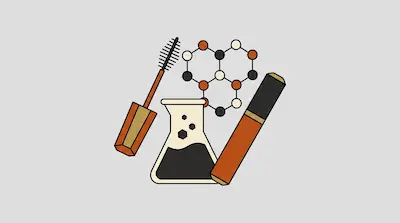 A mascara wand and tube next to an Erlenmeyer flask and a molecular structure.