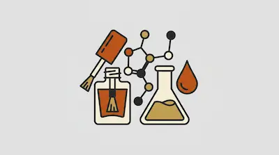 A nail polish bottle and brush next to a molecular structure, a laboratory flask, and a single drop.