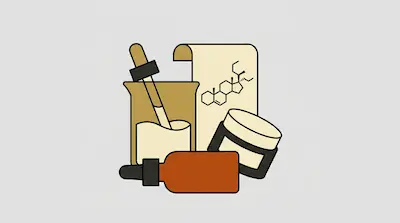 A beaker with a dropper, a small brown bottle, a jar of cream, and a paper showing a chemical structure.