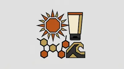 A geometric graphic featuring icons of a sun, a tube of cream, a molecular structure, and a wave.