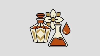A perfume bottle, a flower, and a laboratory flask with a liquid drop in a minimalist style.