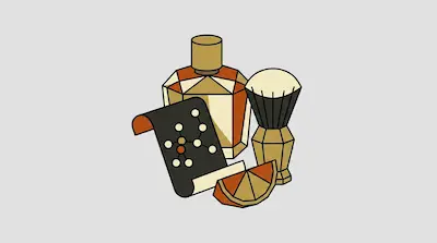 A geometric cologne bottle, shaving brush, orange slice, and a scroll with a molecular diagram.