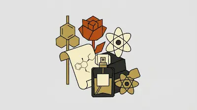 Geometric icons of a rose, a perfume bottle, chemical structures, and atomic symbols in a muted gold and orange color palette.