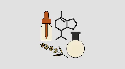 A dropper bottle, a chemical structure diagram, a round-bottom flask, and a sprig of lavender.