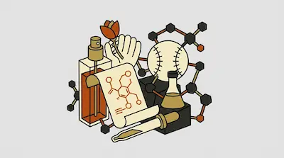 A stylized graphic of a perfume bottle, baseball, flower, and chemistry equipment like a flask and molecular structures.