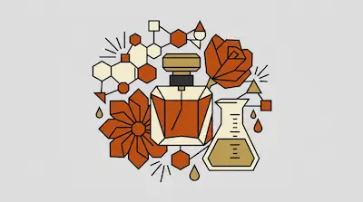 A geometric illustration of a perfume bottle surrounded by flowers, a laboratory flask, and molecular structures.