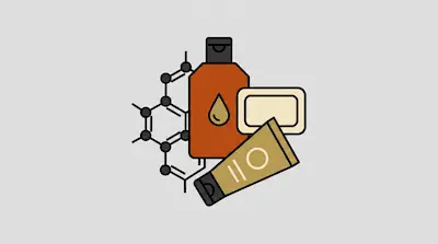 A brown bottle, a bar of soap, and a tan tube are grouped with a chemical structure diagram.