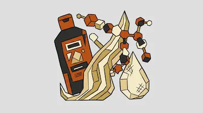 A brown bottle, a lock of hair, a faceted drop, and a molecular structure in a geometric style.