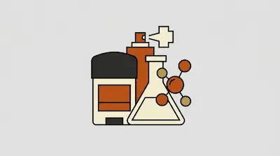 A deodorant stick, a spray bottle, a conical flask, and a molecular model.
