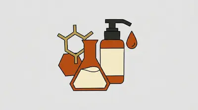 A pump bottle, a conical flask, and a chemical structure icon in orange and cream.