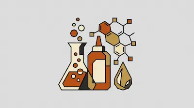 A stylized Erlenmeyer flask, a bottle, a molecular structure, and a droplet in a geometric design with earth tones.