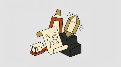 A tube, a large crystal on a pedestal, a scroll with a chemical formula, and a brush.