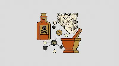A bottle with a skull and crossbones, a chemical structure for arsenic, a mortar and pestle, and a lace handkerchief.