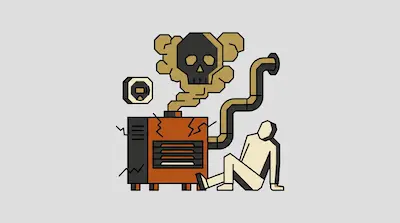 A person sits on the floor next to an orange machine emitting skull-shaped smoke, with a pipe and a wall-mounted alarm nearby.