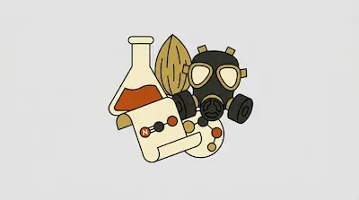 A collection of stylized icons including a gas mask, an Erlenmeyer flask, an almond, and chemical diagrams.