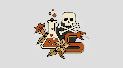 A stylized graphic of a skull and crossbones, a chemistry flask with orange liquid, a snake, and flowers.