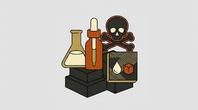 A conical flask, a dropper bottle, and a skull and crossbones symbol arranged on dark blocks next to a box with a drop and cube icon.