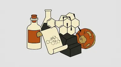 A collection of scientific items including a corked bottle, a flask, a chemical structure diagram, a scroll, and a petri dish.