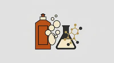 A brown bottle, bubbles, a laboratory flask, and a molecular structure.