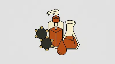 A pump bottle, a laboratory flask containing orange liquid, a single drop, and a molecular structure.