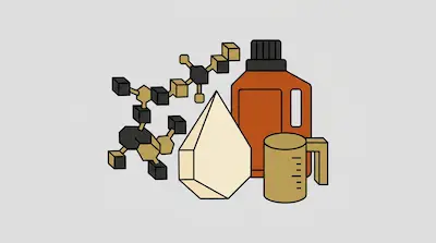 A stylized molecular structure, a large drop, an orange bottle, and a measuring cup.