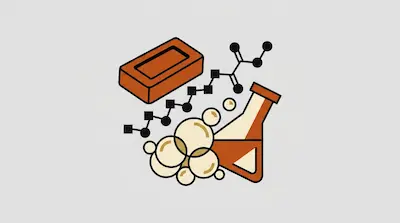 A bar of soap, a chemical molecule, bubbles, and a laboratory flask.