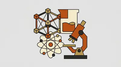 A molecular structure, a beaker with liquid, an atom model, and a microscope.