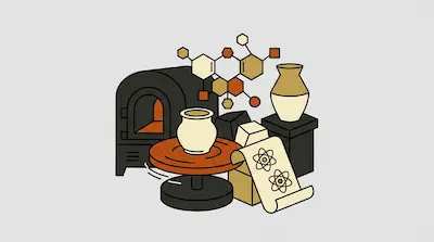 A kiln, a pottery wheel with a vase, a molecular structure, and a scroll with atomic diagrams are grouped together.