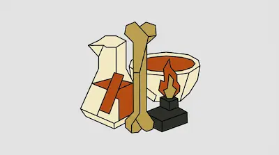 A geometric illustration of a beaker and bowl containing orange liquid, a large bone, and a small burner with a flame.