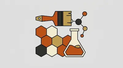 A paintbrush, a molecular model, a cluster of hexagons, and a laboratory flask.