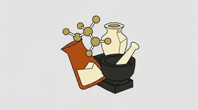 A molecular model, a brown flask, a white vase, and a black mortar and pestle.
