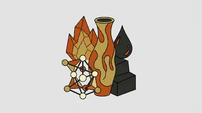 A tall patterned vase surrounded by orange crystals, a black teardrop on a stepped pedestal, and a molecular structure.