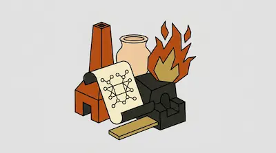 A collection of stylized objects including an orange kiln, a ceramic pot, a scroll with a diagram, a black forge, and a flame.