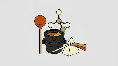 A match, a molecular model, a crucible, and a prism are grouped together in a stylized graphic.