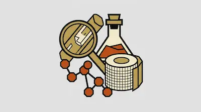 A magnifying glass, a laboratory flask, a roll of medical tape, and a molecular structure.
