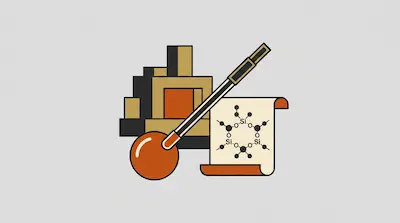 A glassblowing pipe with a molten orange bulb rests in front of a blocky furnace and a scroll showing a chemical structure of silicon and oxygen.