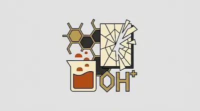 A beaker with orange liquid, a hexagonal grid, a shattered glass pane, and the chemical symbol OH+.