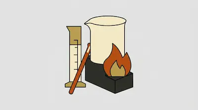 A graduated cylinder, a stirring rod, and a beaker with a flame in front of it.