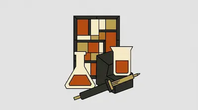 An Erlenmeyer flask, a beaker, and a soldering iron are arranged in front of a geometric grid of orange and cream rectangles.
