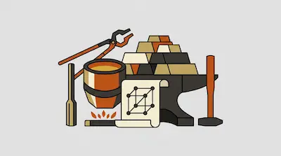 Blacksmithing tools including a crucible, tongs, hammer, anvil, and metal ingots next to a scroll with a crystal lattice diagram.