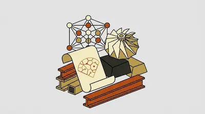A collection of stylized objects including a molecular lattice, a turbine, a scroll with a geometric diagram, steel I-beams, and metal ingots.