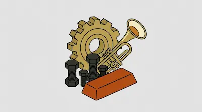 A golden gear, a brass trumpet, several dark bolts, and a reddish-brown rectangular bar.
